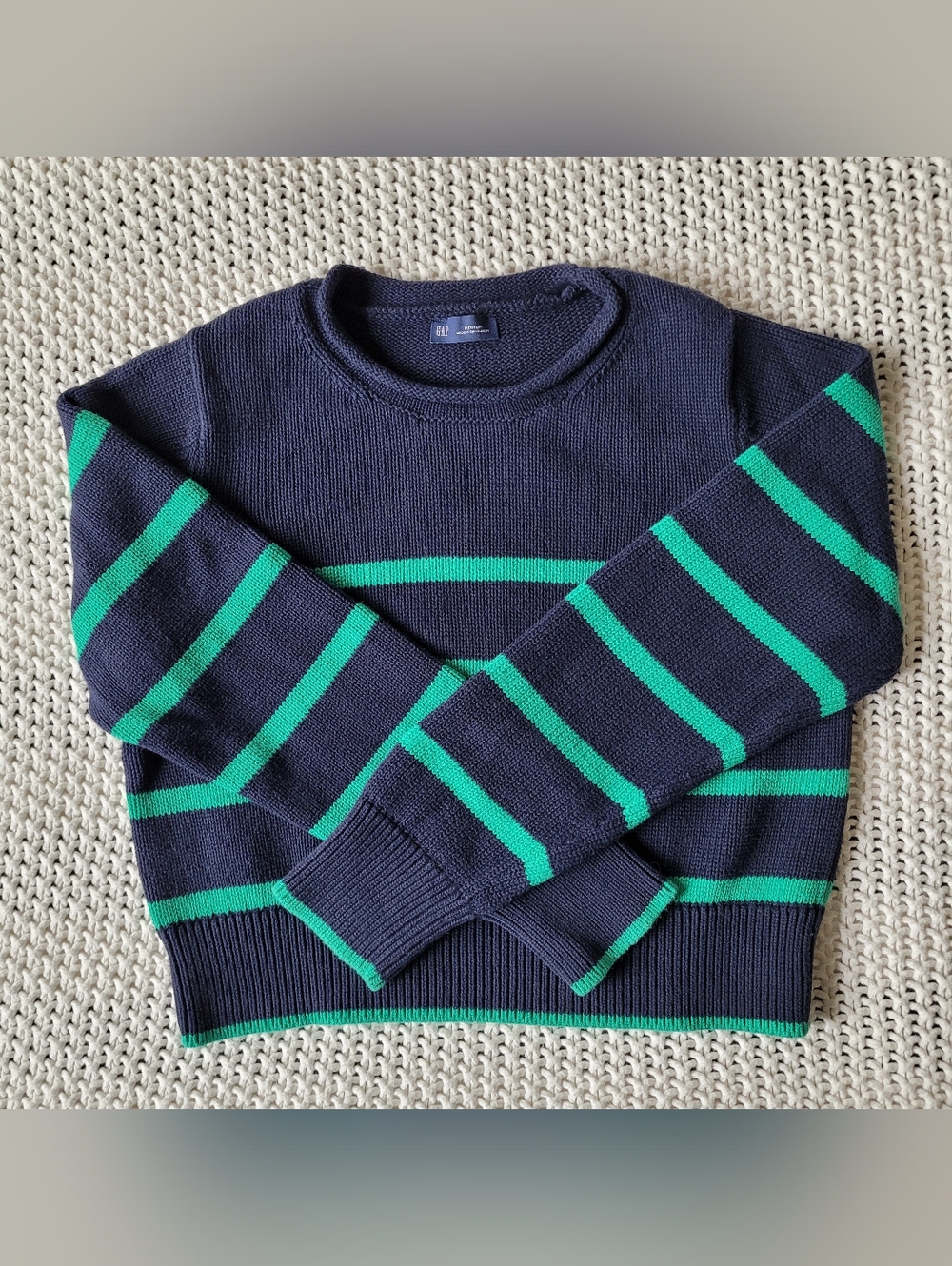 Gap 100% Cotton Shrunken Roll Neck Sweater In Navy Green Stripe